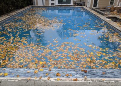 Photo of ICF pool in early autumn with interior of the pool finish with blue waterproof paint and tiles at the top.